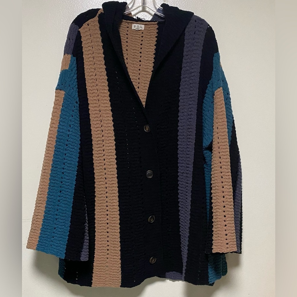 POL Striped Hooded Crochet Cardigan in Black, Teal, Taupe, and Slate